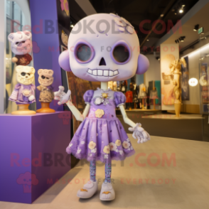 Lavender Skull mascot costume character dressed with a Mini Skirt and Brooches