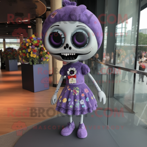 Lavender Skull mascot costume character dressed with a Mini Skirt and Brooches