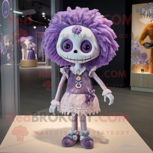 Lavender Skull mascot costume character dressed with a Mini Skirt and Brooches