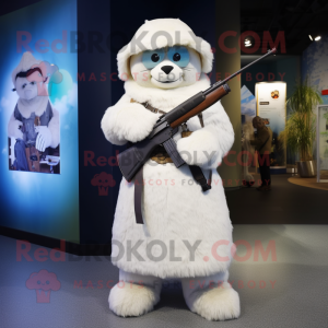 White Sniper mascot costume character dressed with a Maxi Skirt and Mittens
