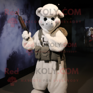 White Sniper mascot costume character dressed with a Maxi Skirt and Mittens