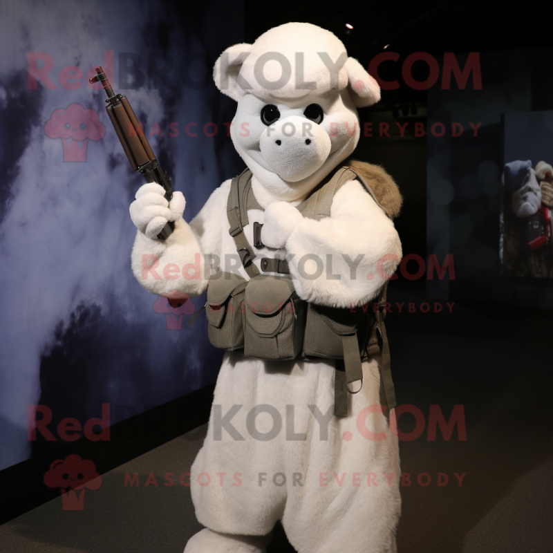 White Sniper mascot costume character dressed with a Maxi Skirt and Mittens White Sniper mascot costume character dressed with a Maxi Skirt and Mittens