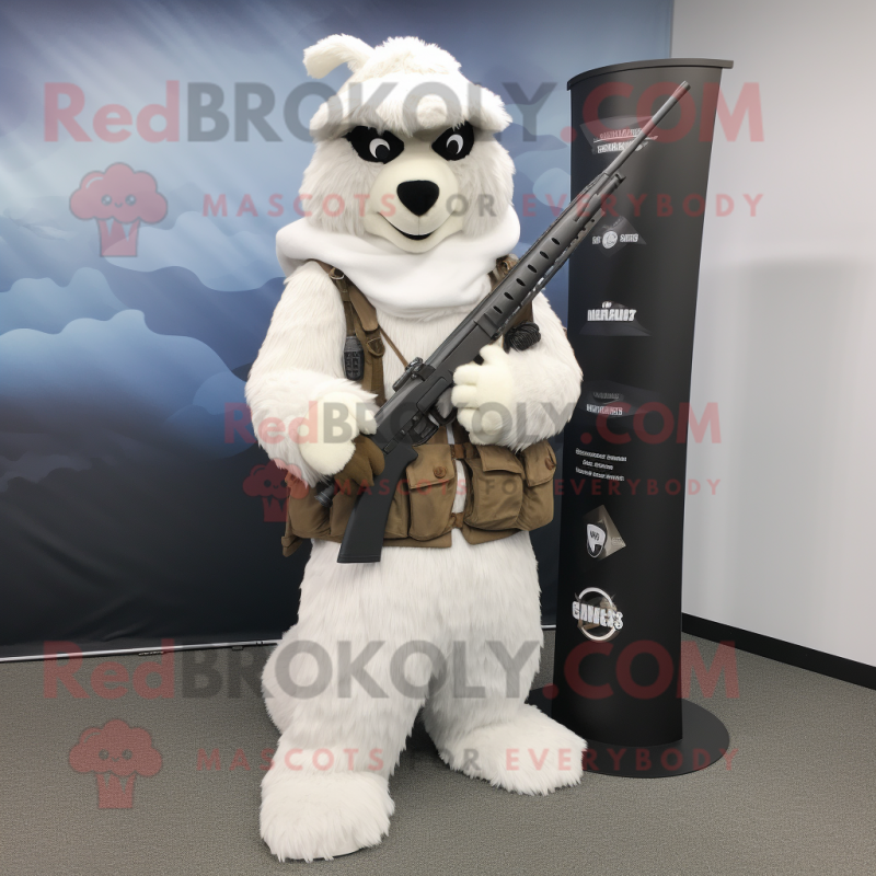 White Sniper mascot costume character dressed with a Maxi Skirt and Mittens