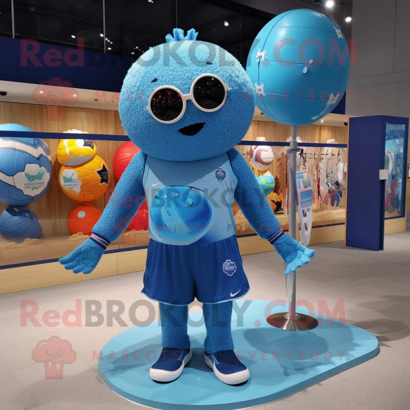 Blue Volleyball Ball mascot costume character dressed with a Swimwear and Coin purses Blue Volleyball Ball mascot costume character dressed with a Swimwear and Coin purses