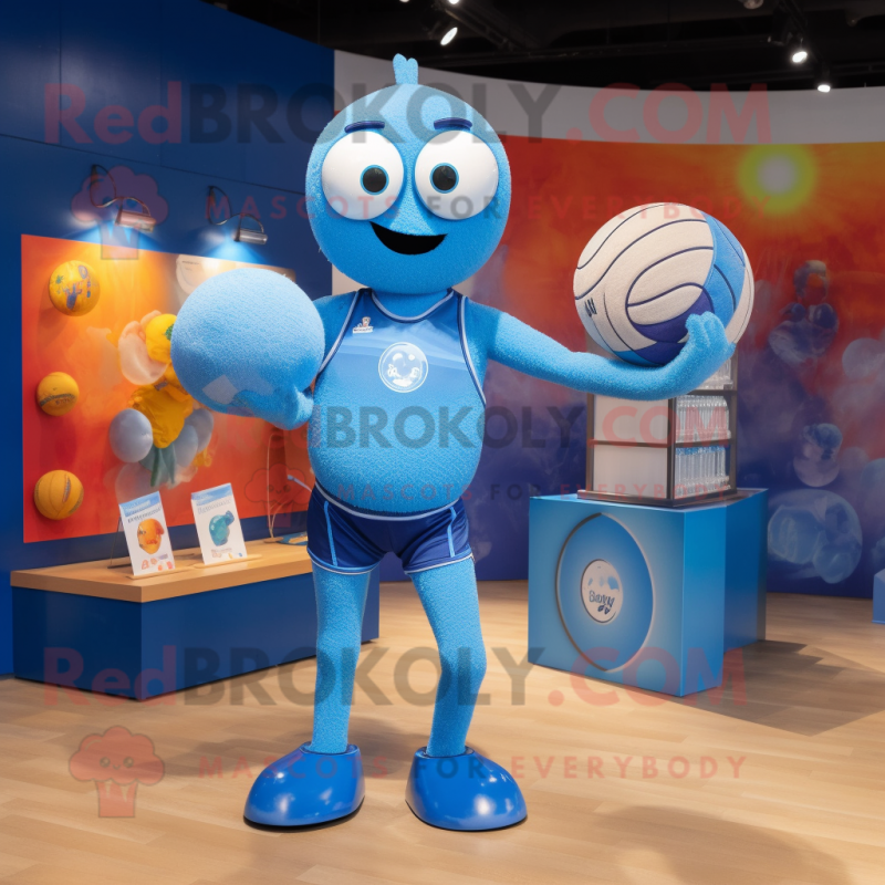 Blue Volleyball Ball mascot costume character dressed with a Swimwear and Coin purses Blue Volleyball Ball mascot costume character dressed with a Swimwear and Coin purses
