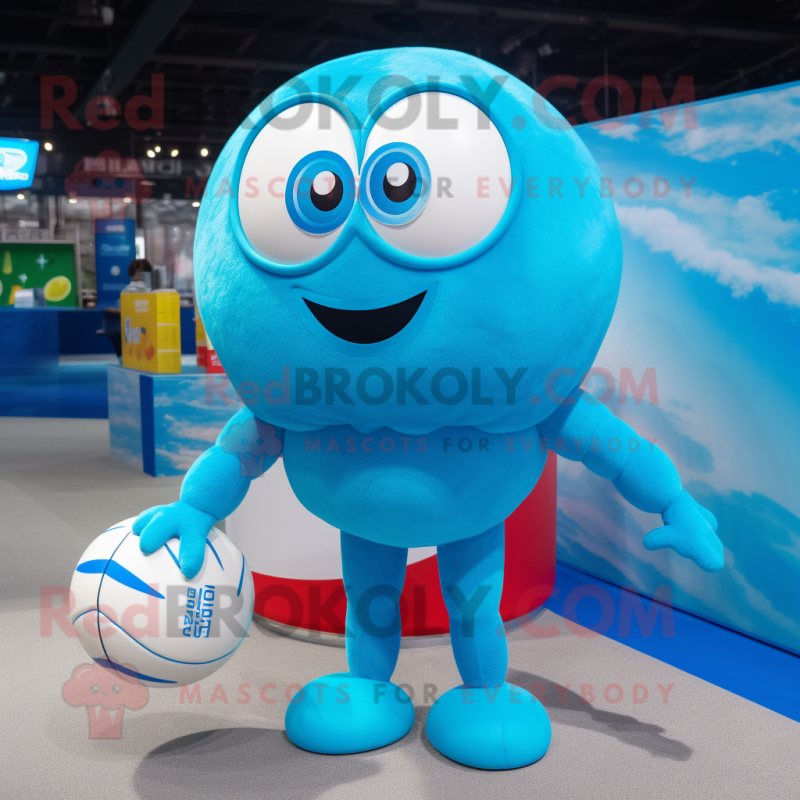 Blue Volleyball Ball mascot costume character dressed with a Swimwear and Coin purses Blue Volleyball Ball mascot costume character dressed with a Swimwear and Coin purses