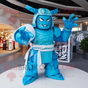 Cyan Samurai mascot costume character dressed with a Long Sleeve Tee and Gloves