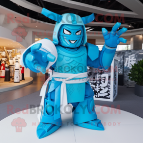 Cyan Samurai mascot costume character dressed with a Long Sleeve Tee and Gloves