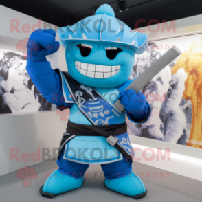 Cyan Samurai mascot costume character dressed with a Long Sleeve Tee and Gloves