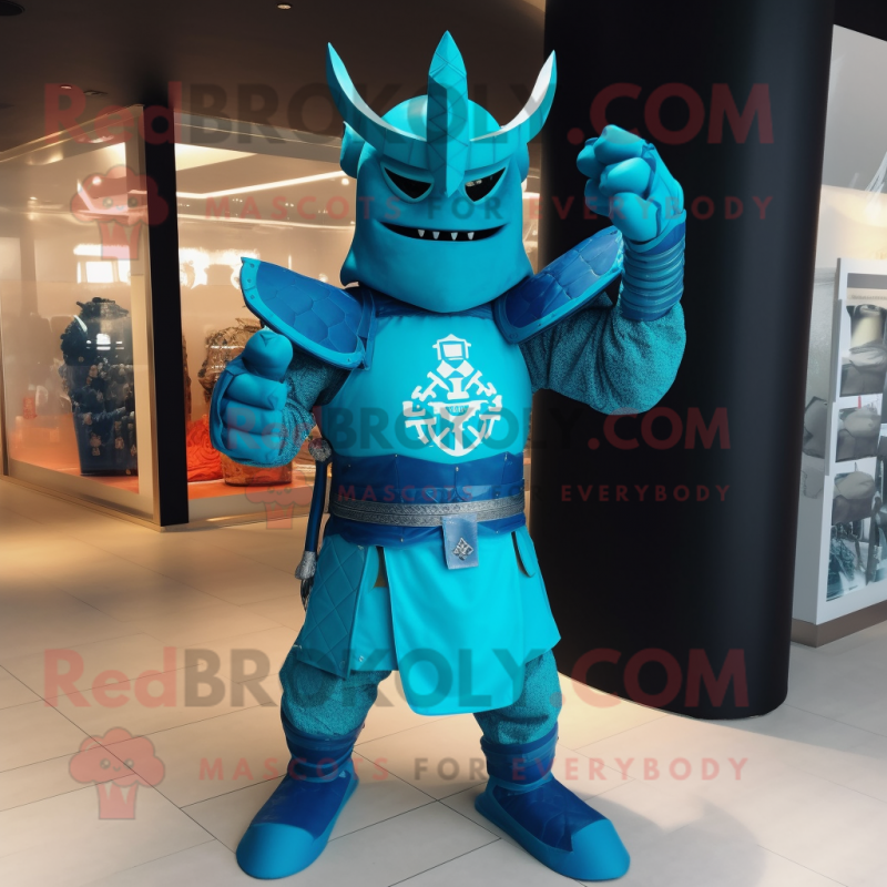 Cyan Samurai mascot costume character dressed with a Long Sleeve Tee and Gloves