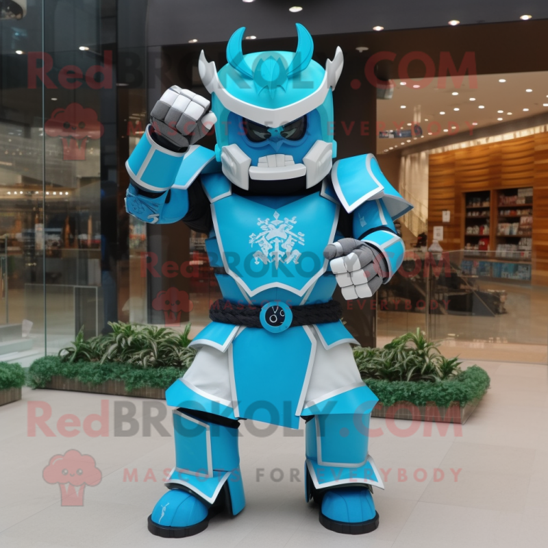 Cyan Samurai mascot costume character dressed with a Long Sleeve Tee and Gloves