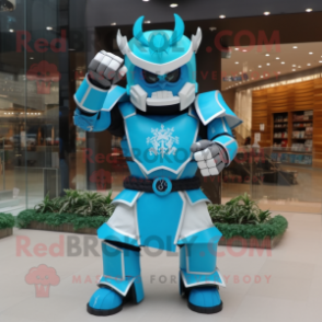 Cyan Samurai mascot costume character dressed with a Long Sleeve Tee and Gloves