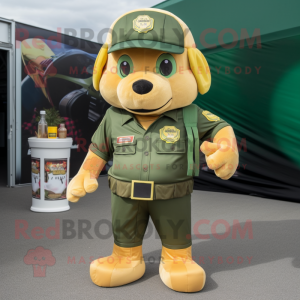 Gold Green Beer mascot costume character dressed with a Cargo Pants and Berets