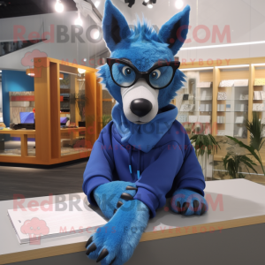 Blue Dingo mascot costume character dressed with a Hoodie and Reading glasses