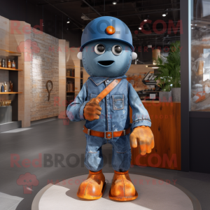 Rust Grenade mascot costume character dressed with a Denim Shirt and Berets