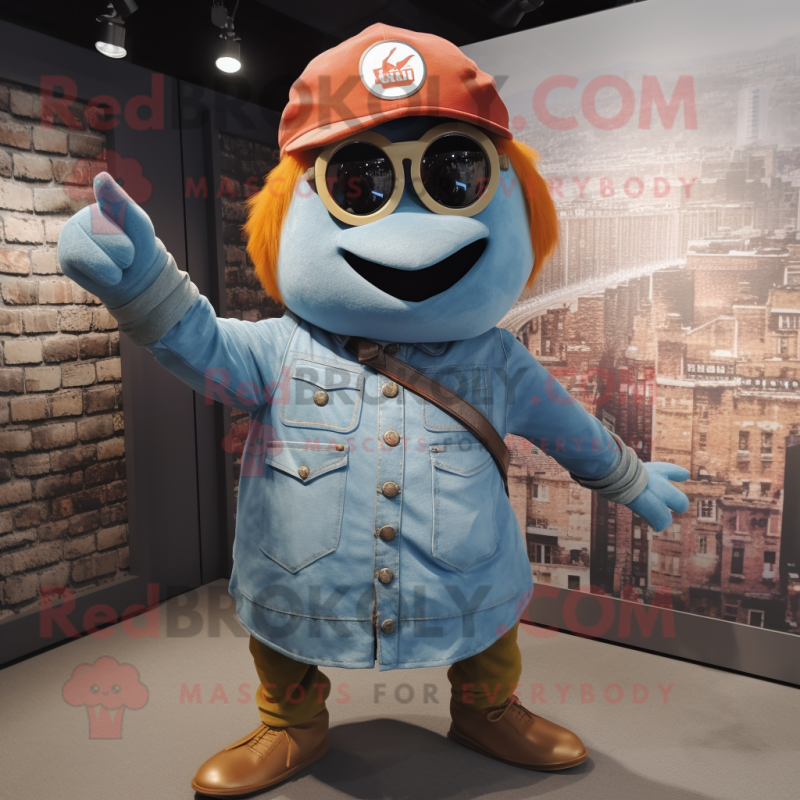 Rust Grenade mascot costume character dressed with a Denim Shirt and Berets