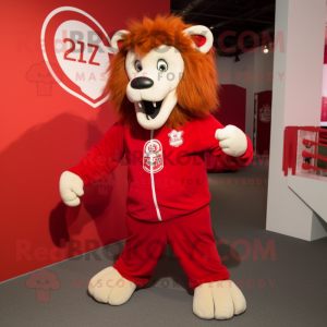Red Tamer Lion mascot costume character dressed with a Sweatshirt and Shoe laces