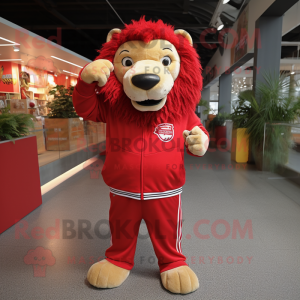 Red Tamer Lion mascot costume character dressed with a Sweatshirt and Shoe laces