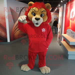 Red Tamer Lion mascot costume character dressed with a Sweatshirt and Shoe laces