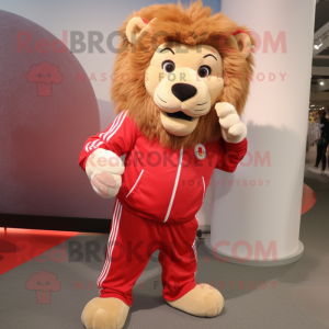 Red Tamer Lion mascot costume character dressed with a Sweatshirt and Shoe laces