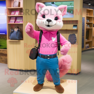 Pink Marten mascot costume character dressed with a Bermuda Shorts and Messenger bags