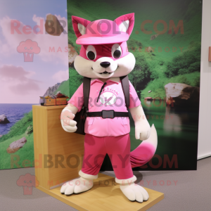 Pink Marten mascot costume character dressed with a Bermuda Shorts and Messenger bags