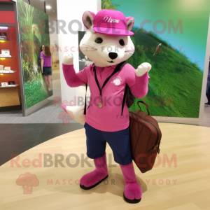 Pink Marten mascot costume character dressed with a Bermuda Shorts and Messenger bags