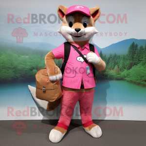 Pink Marten mascot costume character dressed with a Bermuda Shorts and Messenger bags