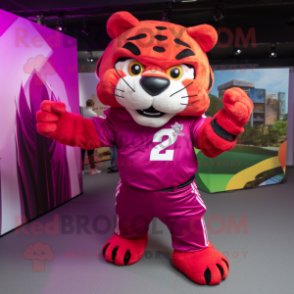 Magenta Tiger mascot costume character dressed with a Polo Shirt and Belts