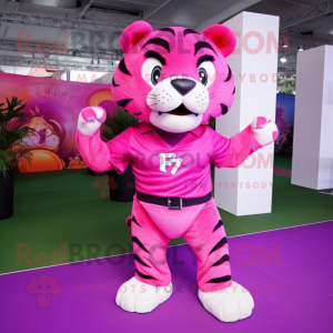 Magenta Tiger mascot costume character dressed with a Polo Shirt and Belts