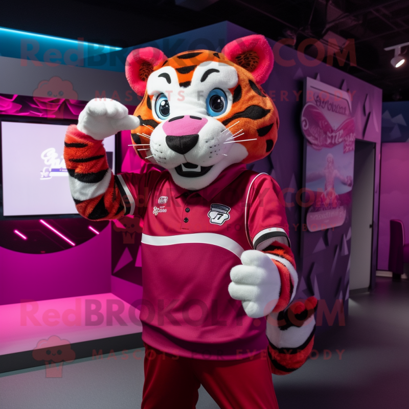 Magenta Tiger mascot costume character dressed with a Polo Shirt and Belts