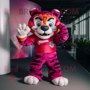 Magenta Tiger mascot costume character dressed with a Polo Shirt and Belts