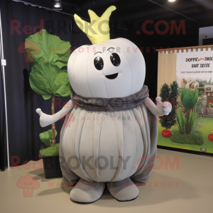 Gray Turnip mascot costume character dressed with a Evening Gown and Suspenders