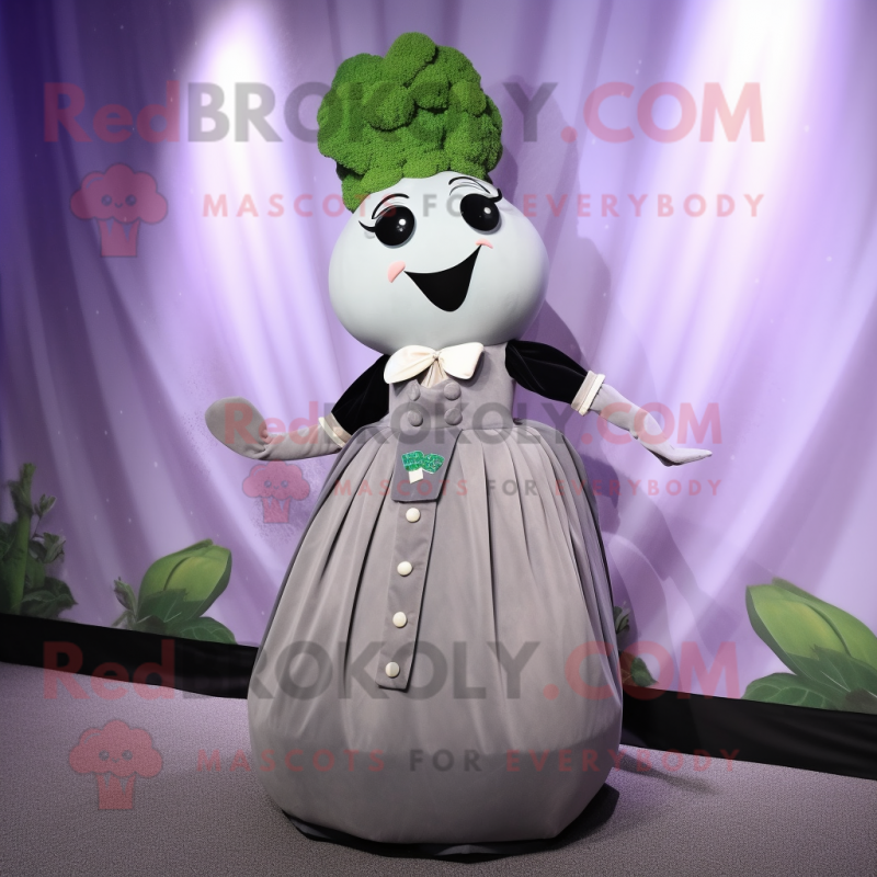 Gray Turnip mascot costume character dressed with a Evening Gown and Suspenders