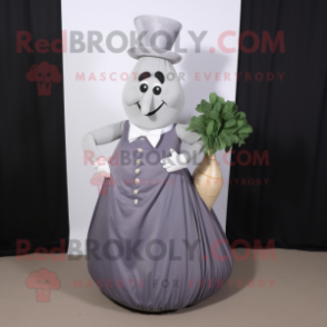 Gray Turnip mascot costume character dressed with a Evening Gown and Suspenders