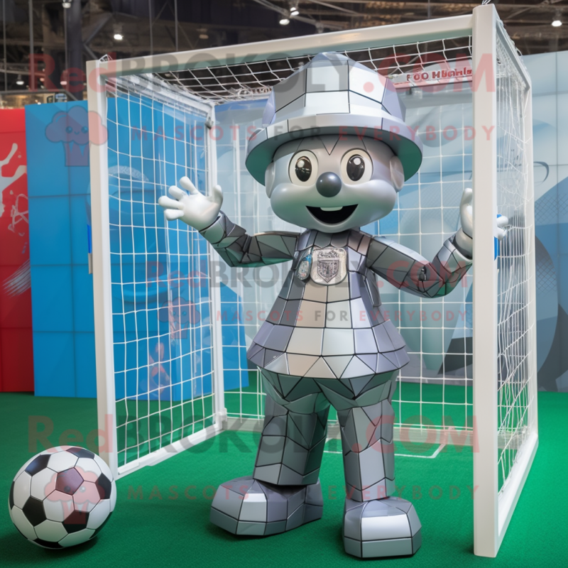Silver Soccer Goal mascot costume character dressed with a Mini Skirt and Hats Silver Soccer Goal mascot costume character dressed with a Mini Skirt and Hats