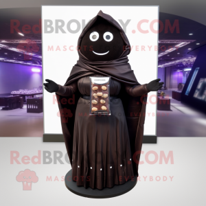 Black Chocolate Bars mascot costume character dressed with a Evening Gown and Shawls