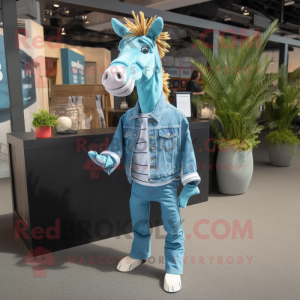 Cyan Quagga mascot costume character dressed with a Boyfriend Jeans and Pocket squares