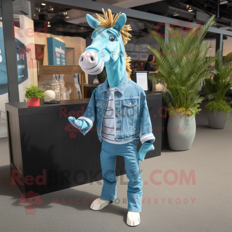 Cyan Quagga mascot costume character dressed with a Boyfriend Jeans and Pocket squares Cyan Quagga mascot costume character dressed with a Boyfriend Jeans and Pocket squares