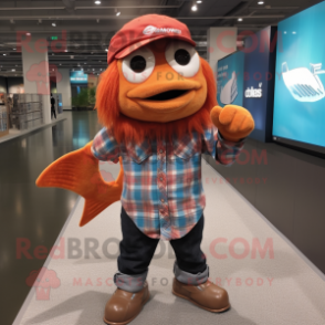 Rust Goldfish mascot costume character dressed with a Flannel Shirt and Watches