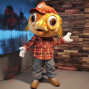 Rust Goldfish mascot costume character dressed with a Flannel Shirt and Watches