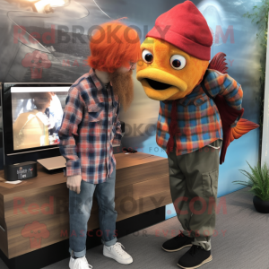 Rust Goldfish mascot costume character dressed with a Flannel Shirt and Watches