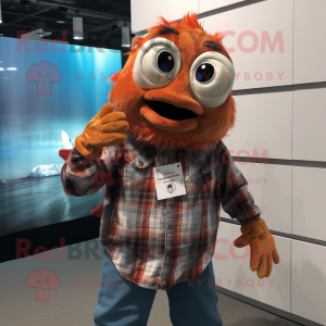 Rust Goldfish mascot costume character dressed with a Flannel Shirt and Watches