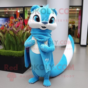 Cyan Weasel mascot costume character dressed with a Wrap Dress and Scarves