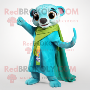 Cyan Weasel mascot costume character dressed with a Wrap Dress and Scarves