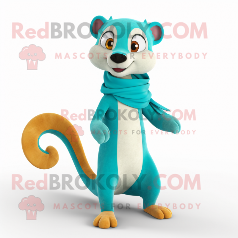 Cyan Weasel mascot costume character dressed with a Wrap Dress and Scarves