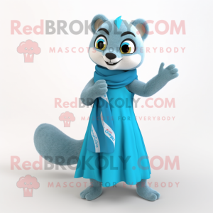Cyan Weasel mascot costume character dressed with a Wrap Dress and Scarves