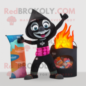 Black Fire Eater mascot costume character dressed with a Bikini and Wallets