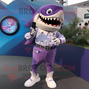 Purple Megalodon mascot costume character dressed with a Blouse and Smartwatches