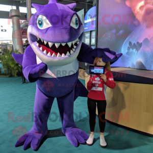 Purple Megalodon mascot costume character dressed with a Blouse and Smartwatches